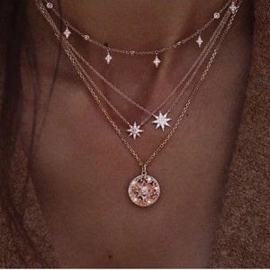 Gold Multichain Boho Crystal Stars Gem Necklace